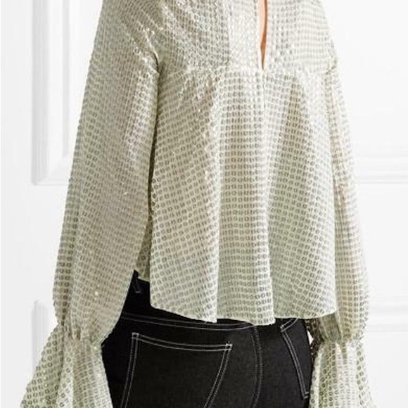 SALONI Tyler Top Tie Neck Striped Sequined Tulle Blouse - Picture 8 of 8